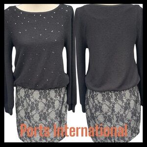 Vintage Ports Black Sequin Sweater Top/Tweed Lace Skirt One Piece Dress (8)